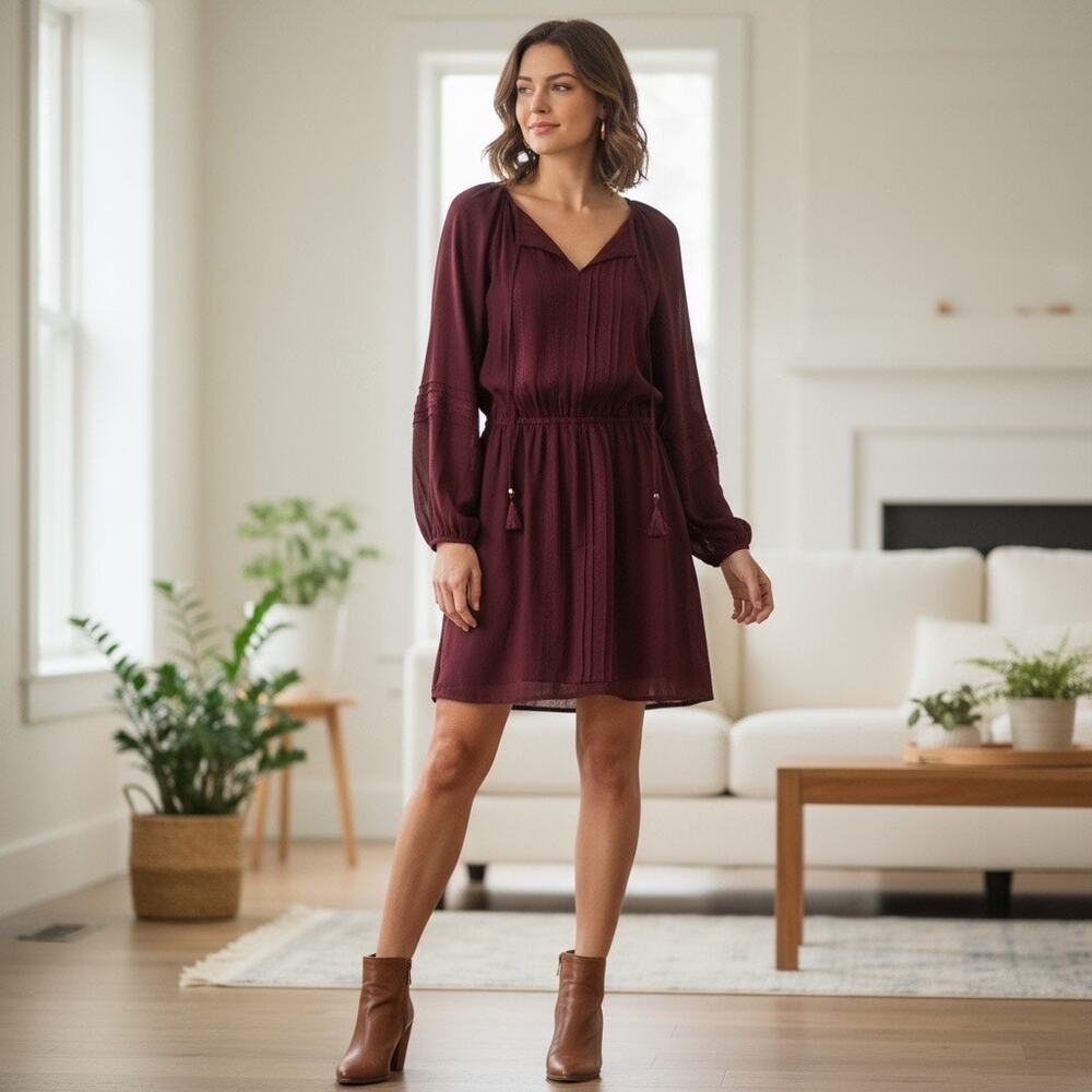 White House Black Market Burgundy Long Sleeve Boho Tassel Mini Dress Size SP –